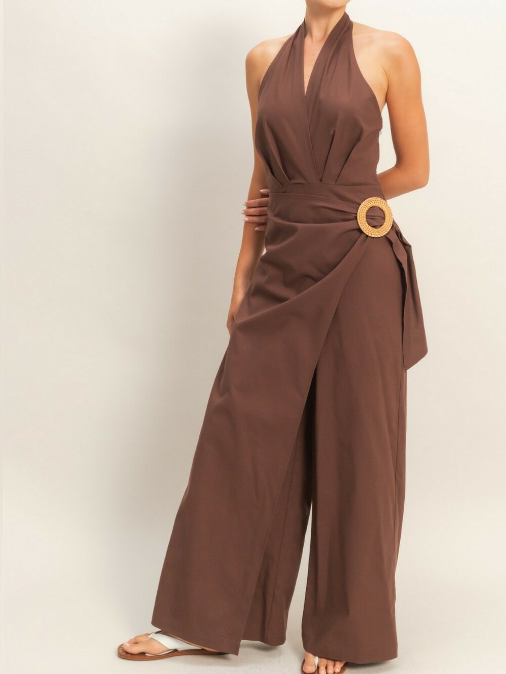 Halter Wrap Brown Jumpsuit with Buckle Waist